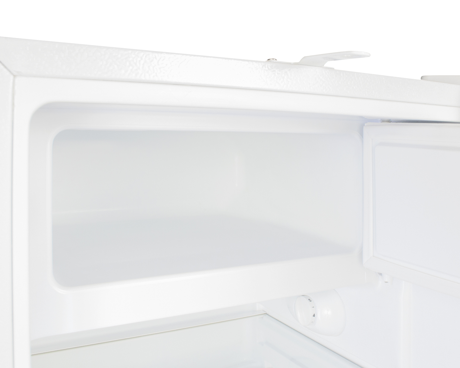 Built-in undercounter, ADA compliant refrigerator-freezer in white, designed for general purpose storage, manual defrost with glass shelves, front lock, and door storage
